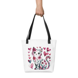 Floral Black Cat Heart Tote Bag
