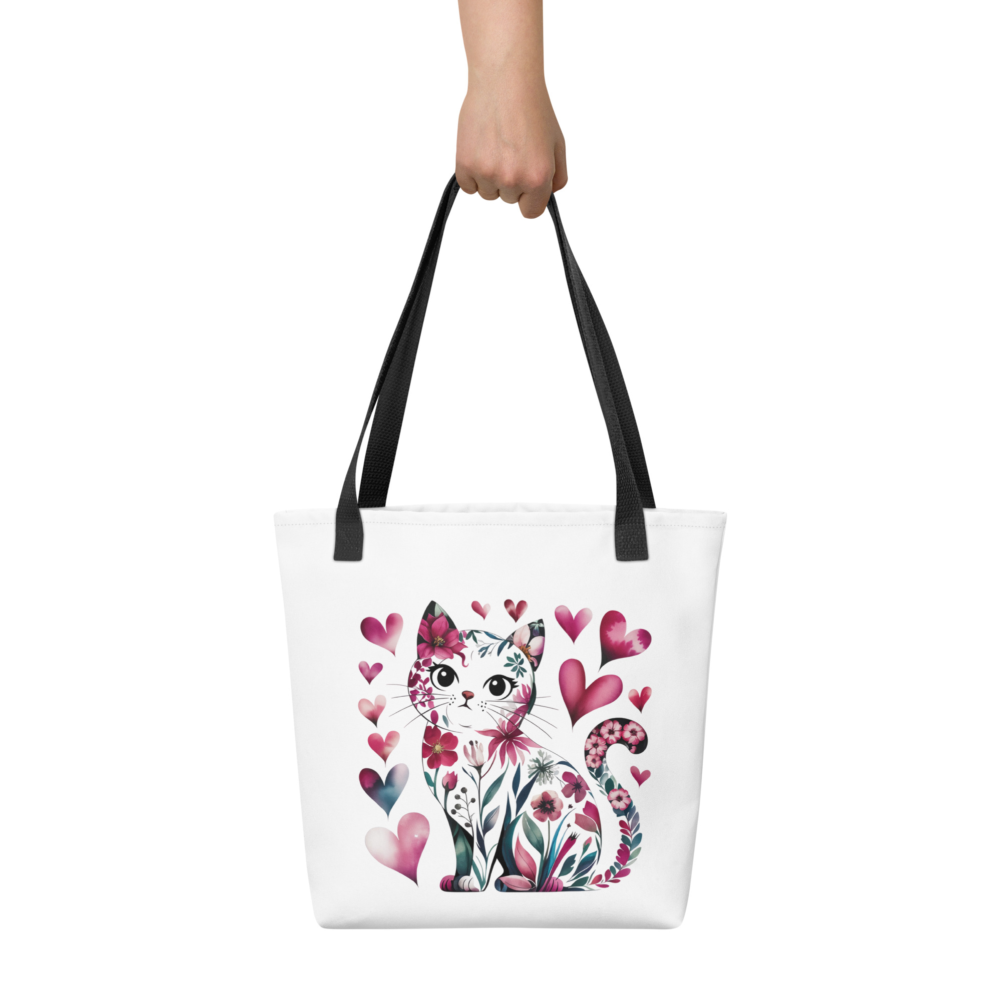 Floral Black Cat Heart Tote Bag